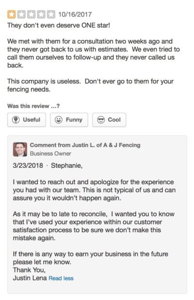 negative yelp review response example