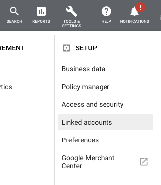 "Linked accounts" menu item inside Google Ads