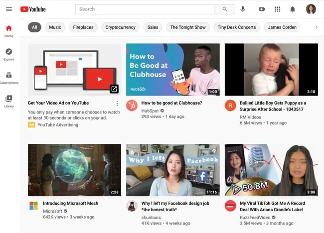 YouTube home page with recommended videos