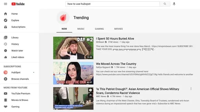 YouTube trending page with videos released 1 day ago