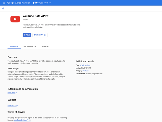 YouTube API page on the Google Developers Console's API library