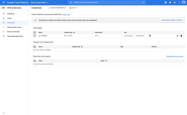 YouTube API key created and listed on the API & Services dashboard in Google Developers Console