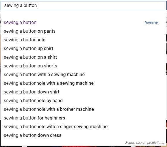 youtube auto-suggest results for "sewing a button"