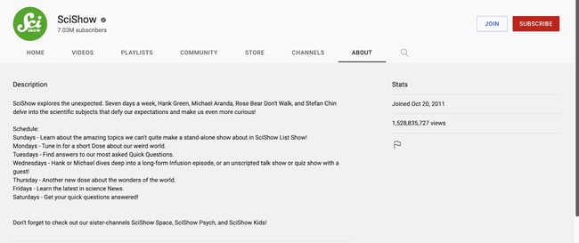 youtube channel description example: scishow