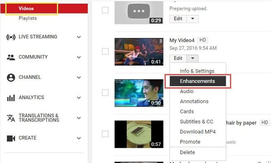 YouTube enhancements and effects feature.