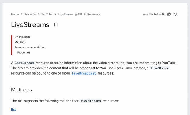 youtube live streaming api: livestreams resource