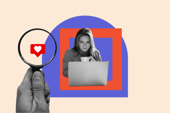 YouTube SEO graphic with person watching YouTube on a laptop, magnifying glass for SEO, and heart bubble for likes.