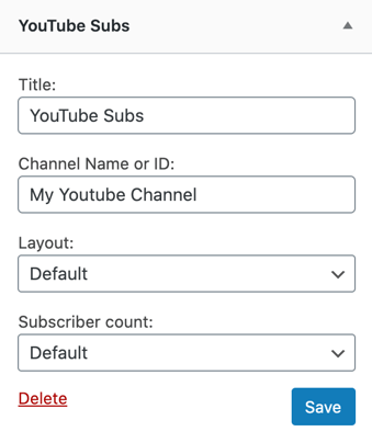 the YouTube Subs WordPress widget options window for adding a YouTube subscribe button to a webpage