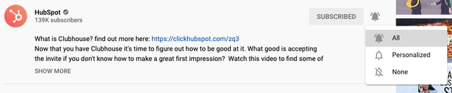 YouTube subscribe to notifications bell underneath a video