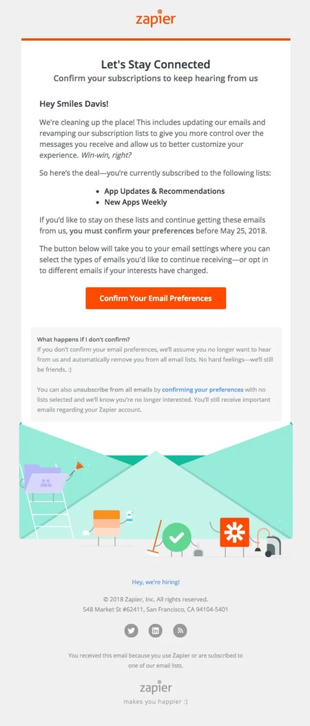 email opt-in wording example from Zapier