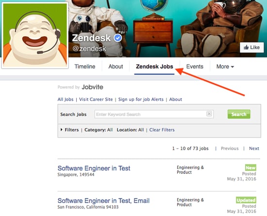 Zendesk Facebook jobs tab.