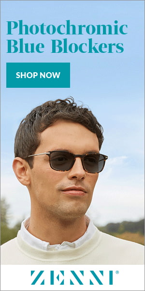 Zenni programmatic display ad with a man wearing sunglasses and looking into the distance. The text says "Photochromic Blue Blockers"