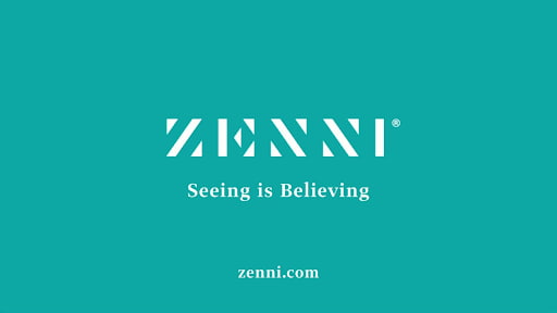 The end of a Zenni Optical TV ad with a Zenni's brand colors and the text "Seeing is believing"