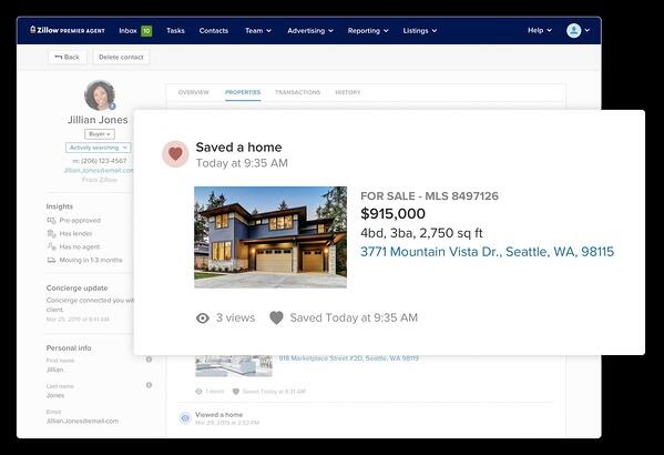 Zillow real estate CRM in contact card view, where a contact has saved a home