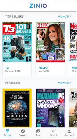 Zinio mobile app for reading an actual magazine
