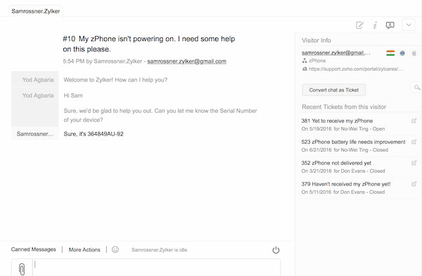 Zoho Desk live chat app as seen from the representative's perspective