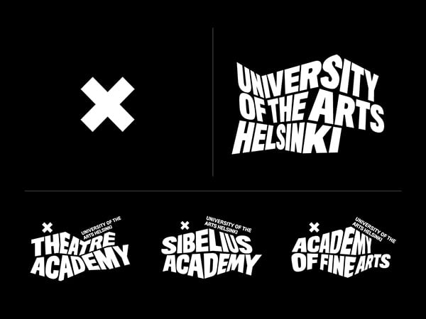 Guía de estilo de marca de la Universidad de las Artes de Helsinki con fondo negro y tipografía blanca sin sans y logotipo X