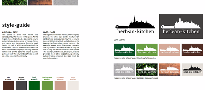 Guía de estilo de marca para Herban Kitchen con ocho variaciones de logotipo y seis mosaicos de código de color