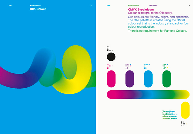 Guía de estilo de marca de Ollo con paleta de colores que incluye cuatro códigos de colores.