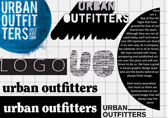 Guía de estilo de marca para Urban Outfitters con variaciones de logotipo en blanco y negro