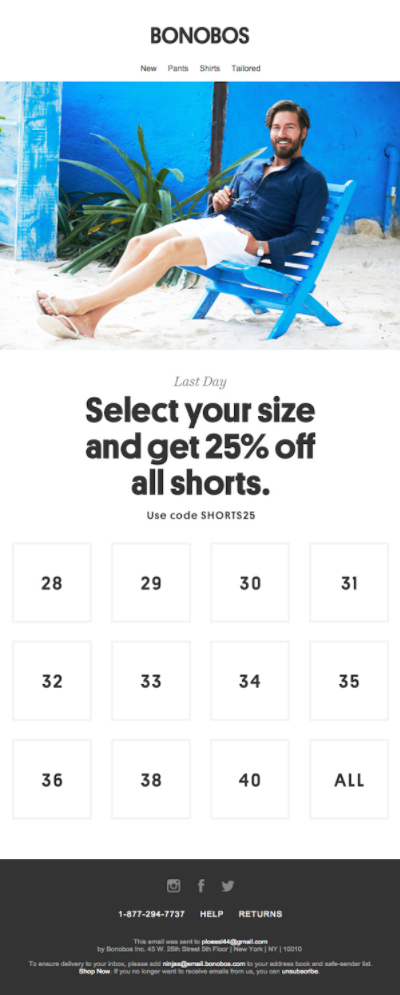 bonobos email with a large image of a man in an adirondack chair above a headline that reads "select your size and get 25% off all shorts"