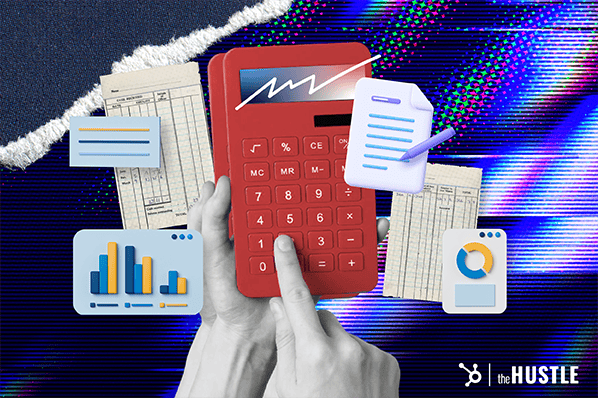 Product management KPIs: A hand inserts numbers into a calculator surrounded by graphs and charts.