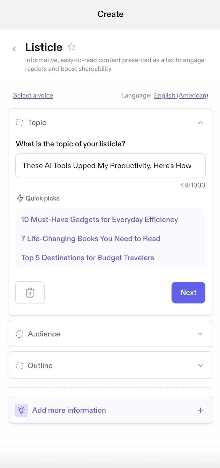 Screenshot from Jasper AI tool for productivity showing content creation feature