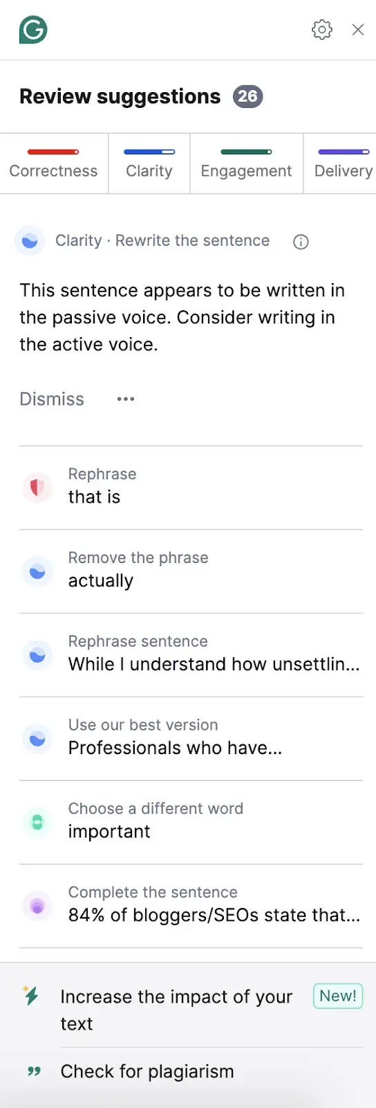 Screenshot from Grammarly AI tool for productivity showing suggestion feature