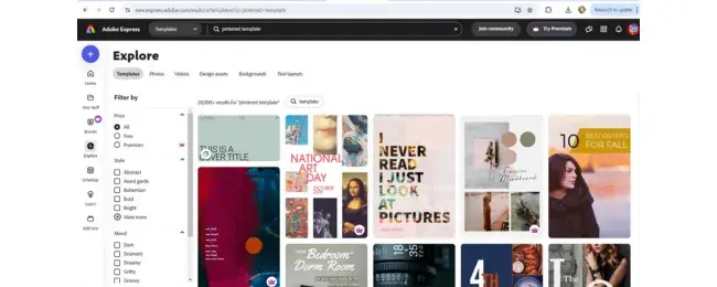 Screenshot of Pinterest templates on Adobe Spark