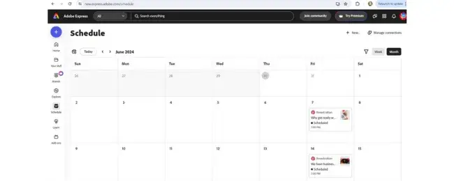 Screenshot of Adobe Spark social media scheduling calendar