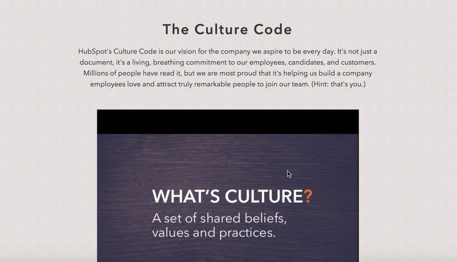 Scrolling version of HubSpot's culture page to show employer brand