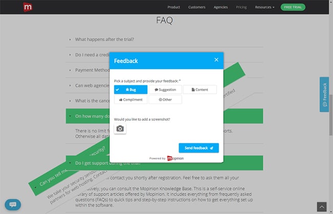 Ventana emergente del plugin de encuestas de Mopinion solicitando la retroalimentación de los usuarios