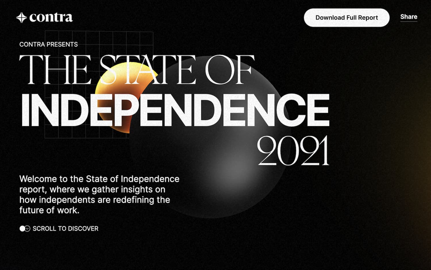homepage for the 3d website the state of independence 2021 report