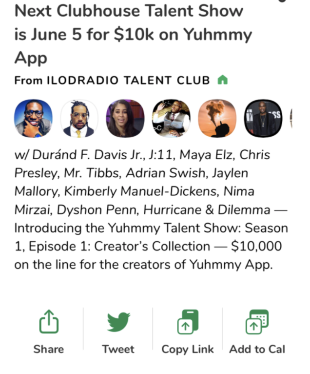 Clubhouse Talent Show Room Description noting that the event is sponsored by Yummy