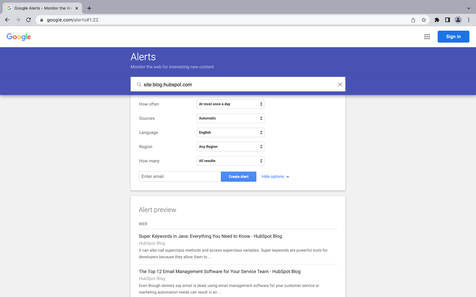 screenshot of the google alerts browser tool