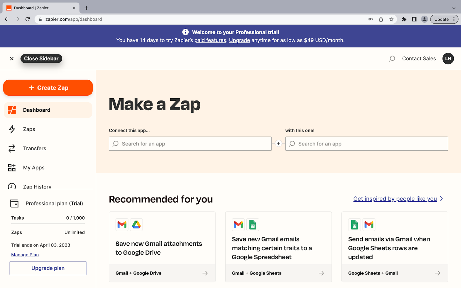 a screenshot of the Zapier tool in a web browser to track website changes