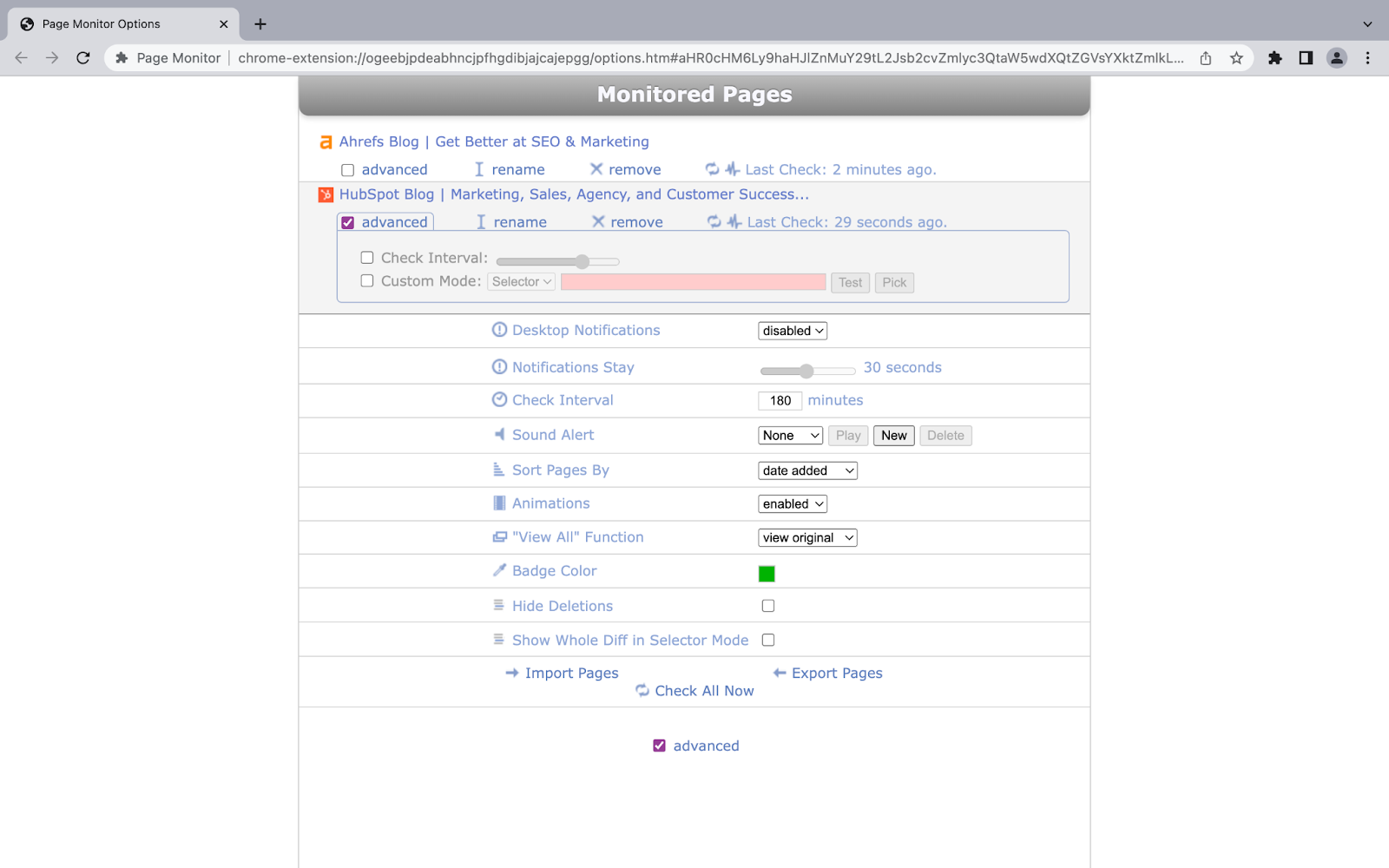 screenshot of the website track changes tool page monitor
