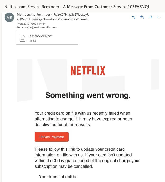 a fake netflix email being used as a phishing attempt