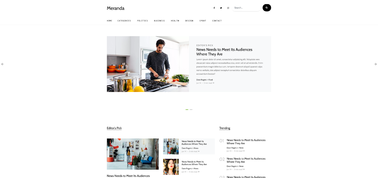 Use the Meranda website theme for your next blog project and get great blog features