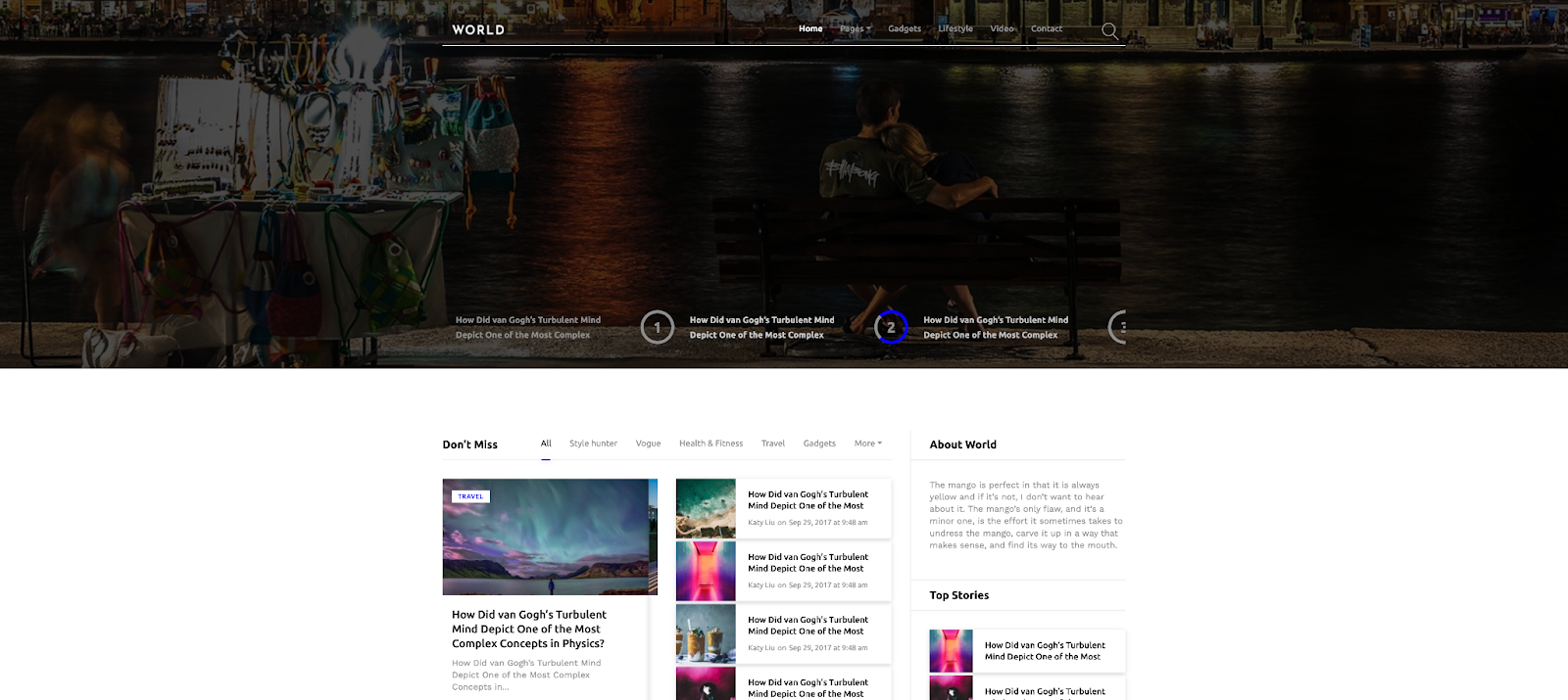 Get a newsworthy blog layout with the World theme from Colorlib