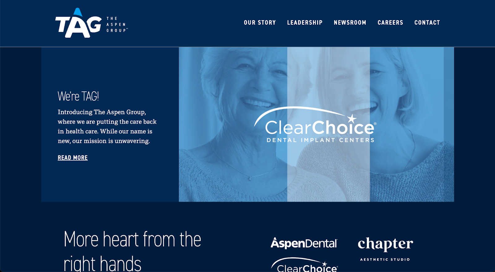 The Aspen Group offers a cool color palette and interesting graphic panels to serve as dental website inspiration