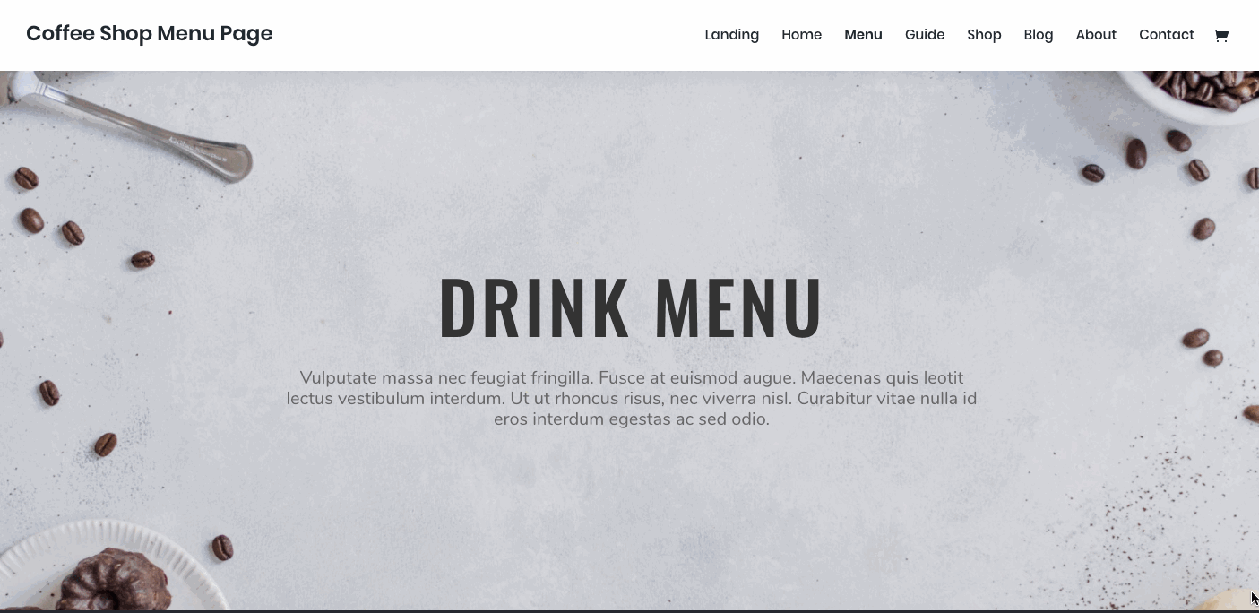 small business wordpress themes, Coffee Shop Menu page in Divi layout pack