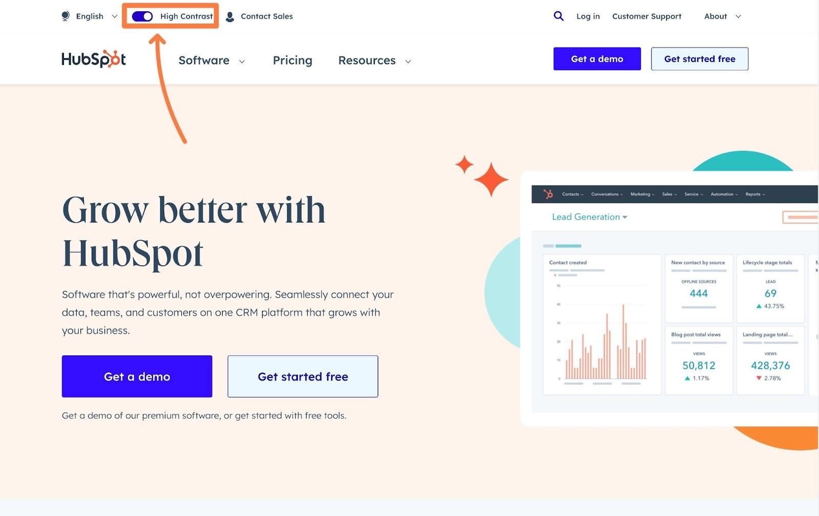 HubSpot’s High Contrast website option allows an accessible experience for users whose vision requires a more high contrast design.