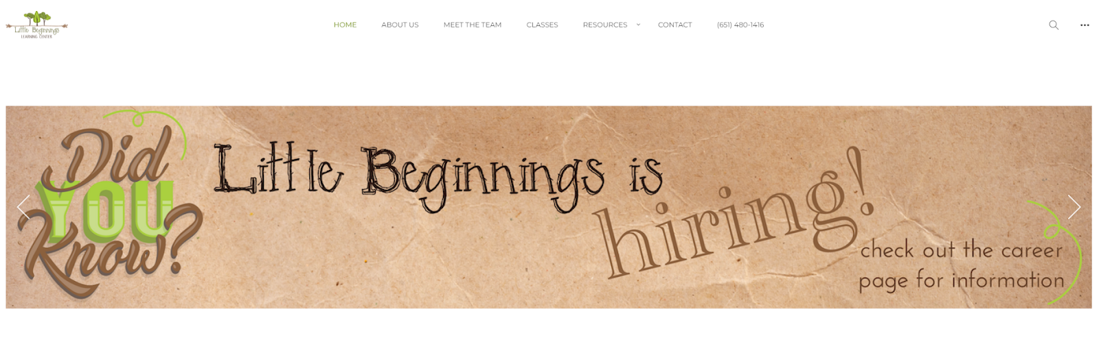 homepage for the daycare website little beginnings learning center