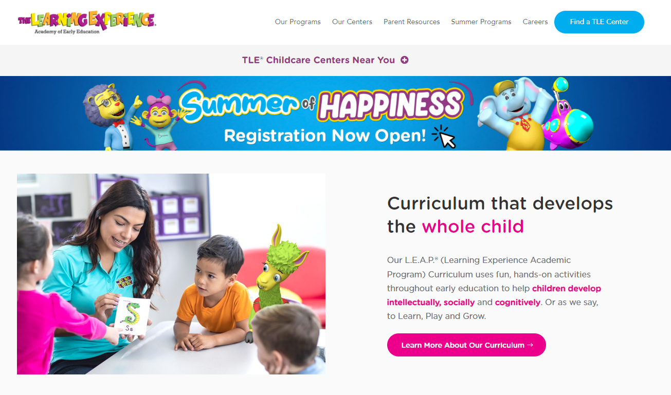 homepage for the daycare website the learning experience