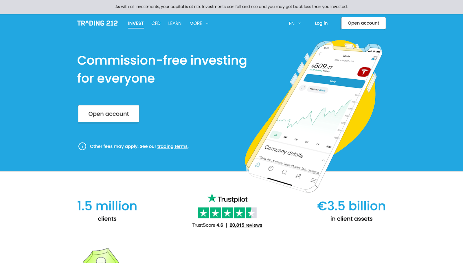 Financial website design example from Trading 212