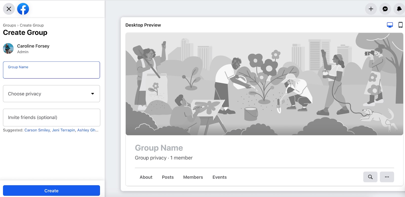 dashboard for creating a new facebook group