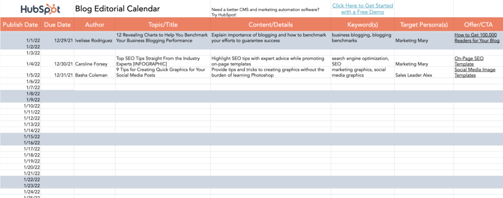 editorial calendar format: spreadsheet