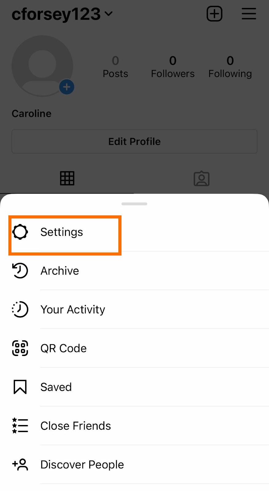 Haga clic en Configuración en la barra de navegación deslizante que aparece en la aplicación de Instagram