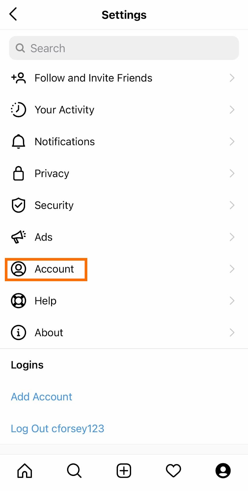 را "حساب" دکمه از نوار پیمایش تنظیمات در برنامه اینستاگرام